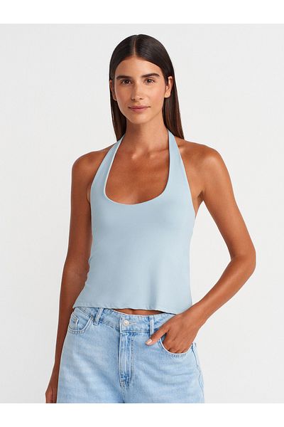 Dilvin 31753 Halter Guler Top-Albastru închis