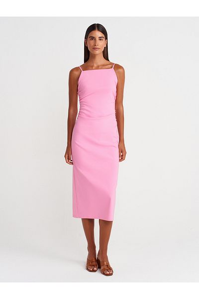 Dilvin 91479 Gathered Midi Dress-Pink