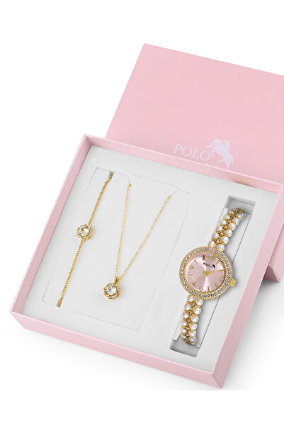 Polo Air İnci Taşlı Görünümlü Kol Saati Zirkon Taşlı Yuvarlak Kolye Bileklik Set Gold Pembe Renk ST-2167S6