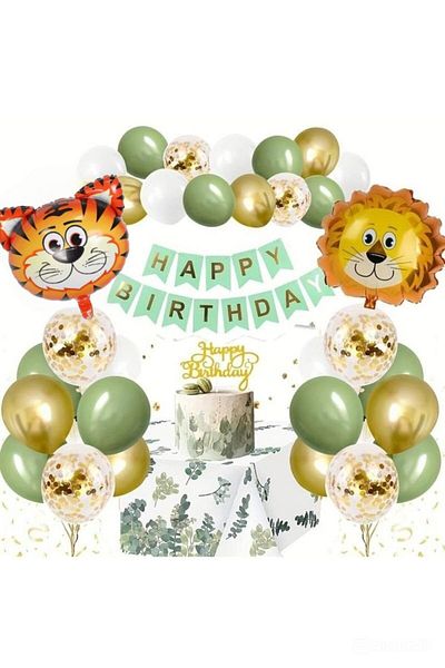 ÇITIPITISTORE Safari Theme Sage Green Number Balloon Set Lion Tiger Head Foil