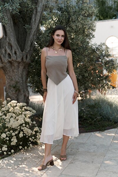 BOHEMAİ Kita Triangle Detail Striped Khaki Linen Crop