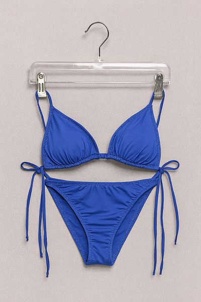 nacar çarşı Women's Saks Blue Triangle Top Side Tie Bottom String Detailed Lycra Bikini Set