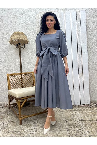 KÜÇÜĞÜM BUTİK Rochie gri cu fundă mare, guler pătrat, poplin evazat
