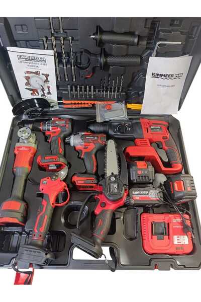 KIMMERPLUS Profesyonel 6’lı Akülü El Aletleri Seti | Matkap, Spiral, Hilti, T...