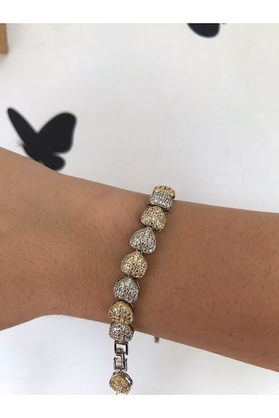 shop Heart Patterned Shiny Shiny Silver and Gold Color Silvery Bracelet
