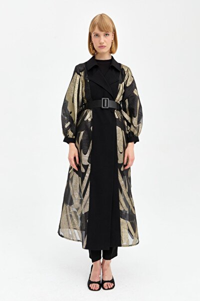 Nihan Gold Detaylı Balon Kol Şık Uzun Organze Ceket Gold