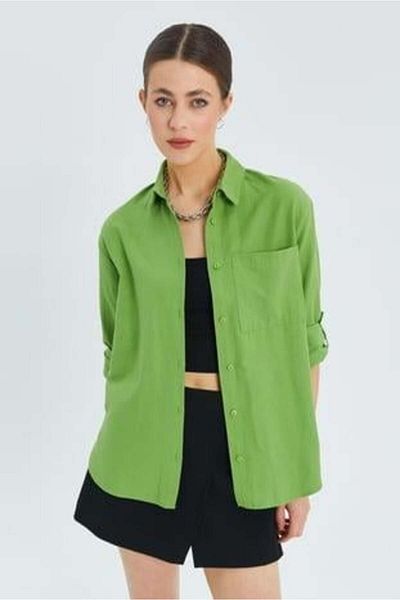 Mixray 9942 Women's Oxford Long Sleeve Basic Shirt Pistachio Green
