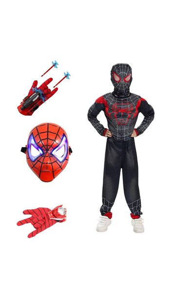 KidMania Costum Spiderman negru cu mușchi, mască și două mănuși lansatoare, 5-7 ani, 110-120 cm