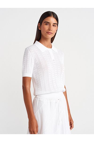 Dilvin 10781 Polo Neck Button Openwork Knitwear Blouse-White