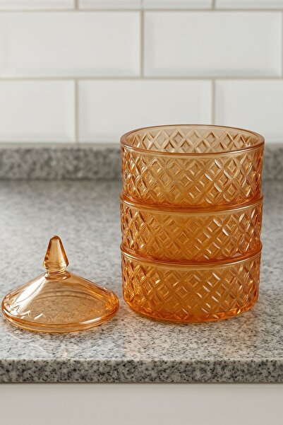 Qerhome 3 Katlı Cam Kapaklı Sunum & Saklama Kase Seti Amber 1500 Ml