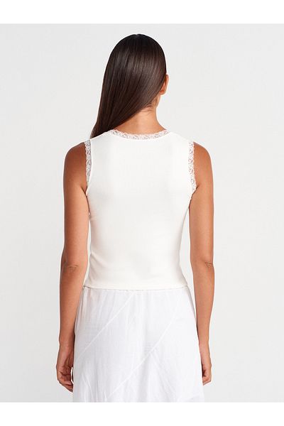 Dilvin 21042 Lace Stripe Gathered Top-Ecru