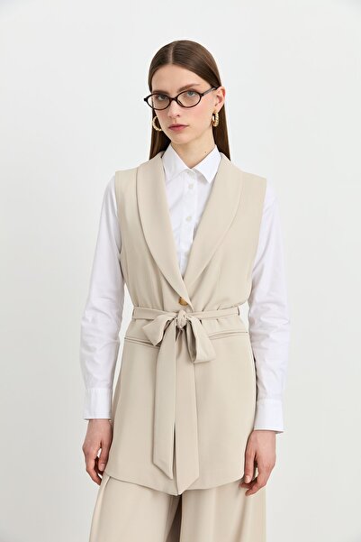 Nihan Kuşaklı Şal Yaka Yelek Bej