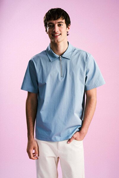 Reflect Studio Βασικό T-shirt Με Γιακά Quarter-Zip - Παγωμένο Μπλε