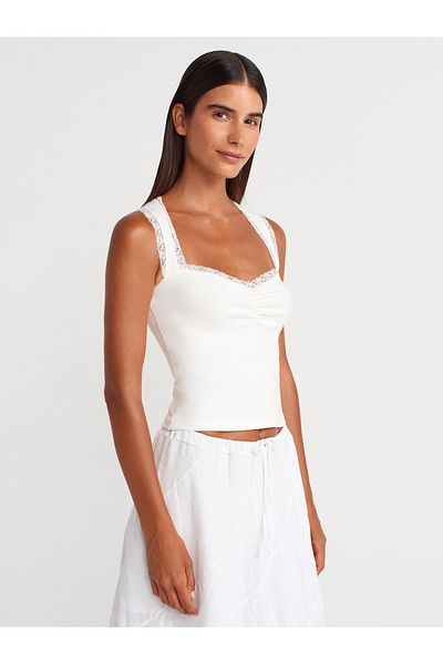 Dilvin 21042 Lace Stripe Gathered Top-Ecru