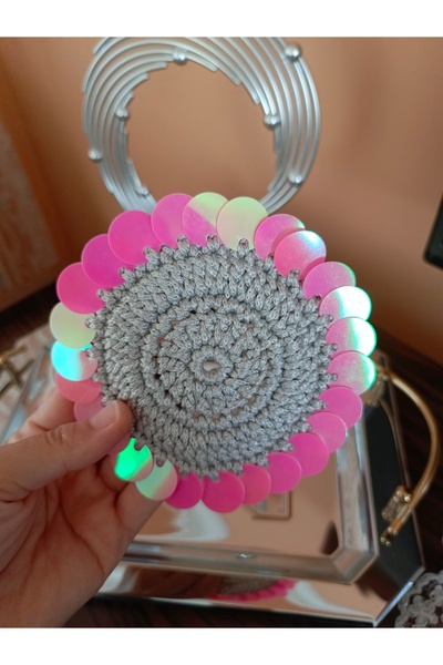 Münücük toys Makrome Pullu Kahve-içecek sunum Bardak altlığı...( Sedefli pembe pullu- açık gri zeminli 2'li)