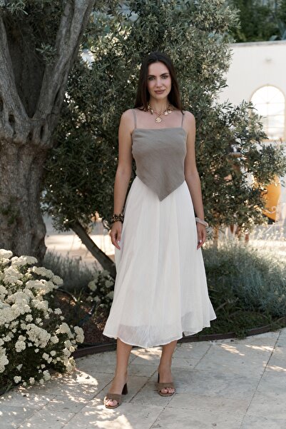 BOHEMAİ Kita Triangle Detail Striped Khaki Linen Crop