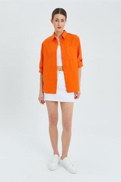 Mixray 9942 Women's Oxford Long Sleeve Basic Shirt Orange