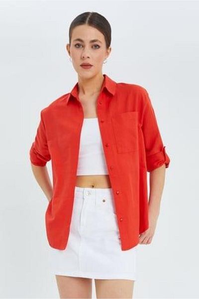 Mixray 9942 Women's Oxford Long Sleeve Basic Shirt Pomegranate