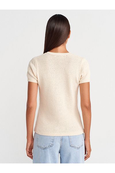 Dilvin 60979 Crew Neck Button Openwork Knitwear Cardigan-Ecru
