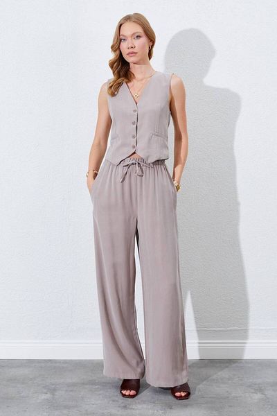 MODAMOR Mink Linen Textured Buttoned Vest Trousers Double Suit