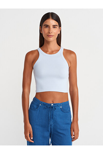 Dilvin 21104 Ribbed Crop Top-Light Blue