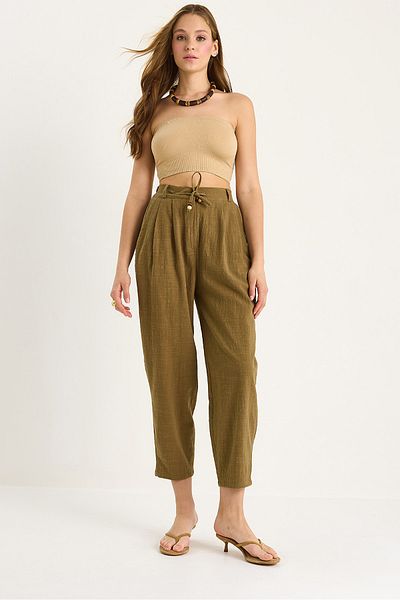 Bianco Lucci Women's Elastic Waist Tie Detailed Linen Carrot Trousers 3413 60283460