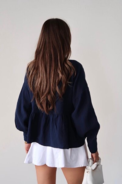 Lusin Γυναικεία μπλούζα κιμονό με μακρυμάνικο μουσελίνα μπλε Navy μπλουζάκι μπροστά