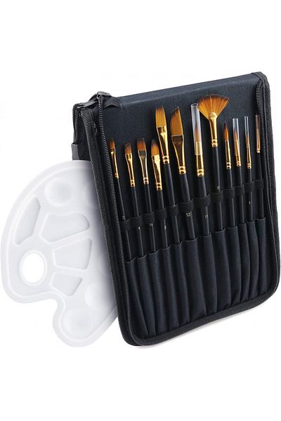 CestMall Set of 12 paint brushes with paint palette and storage bag CestMall, black