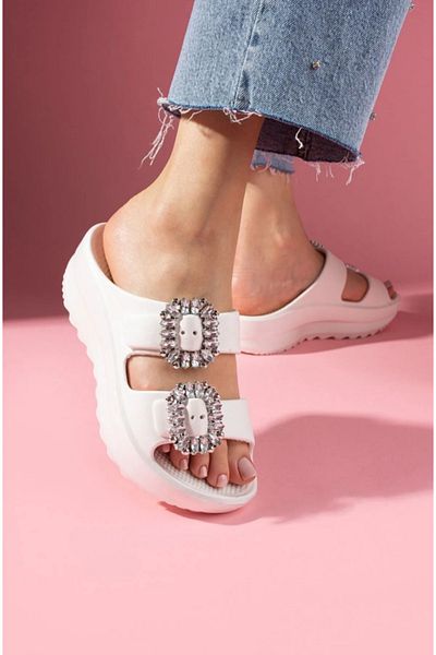 SHOUGO Double Strap Buckle Detailed Wet Floor High Heel Slippers