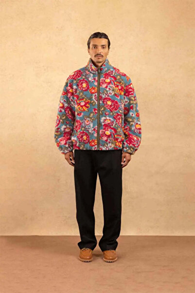 American Rag Cie Peony Desenli Mavi Polar Ceket - Yüksek Yaka ve Fermuarlı Ceket