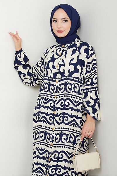 Bestenur Φόρεμα με κουμπιά από υφαντό βισκόζη 1560 - Navy Blue