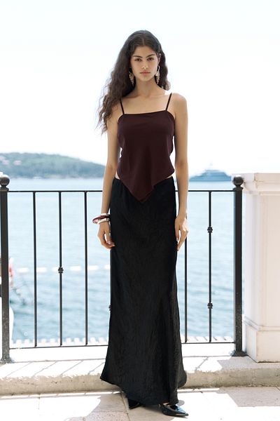 BOHEMAİ Eubah Wrinkled Long Black Satin Skirt