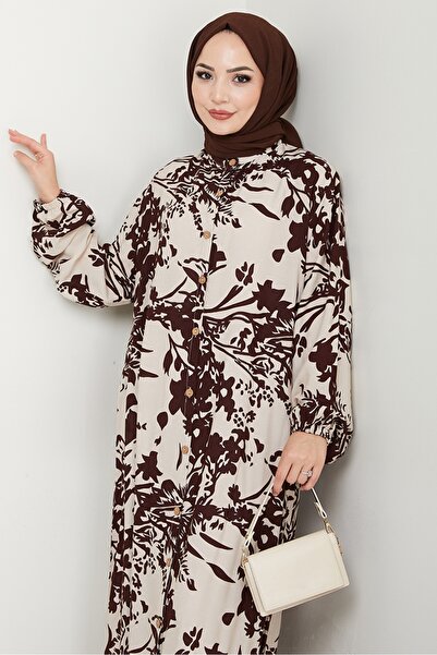 Bestenur Dilşen Κουμπωτό Φόρεμα Βισκόζης 1562 - Καφέ