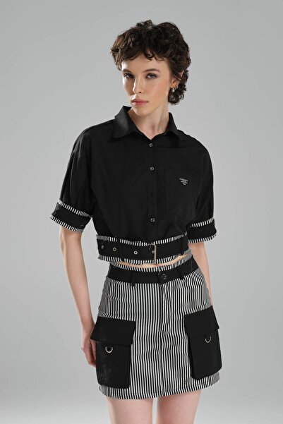 tw3 Kadın Çizgili Kumaş Garnili Beli Kemerli Tasarım Crop Gömlek