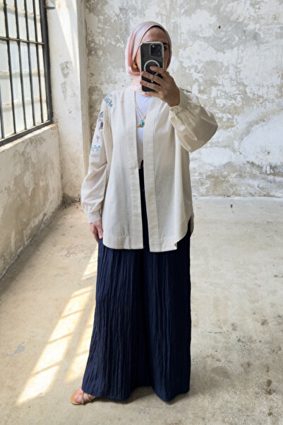 Hatun Atila Kuş Nakış Detaylı Oversize Denim Ceket 8823 - Bej