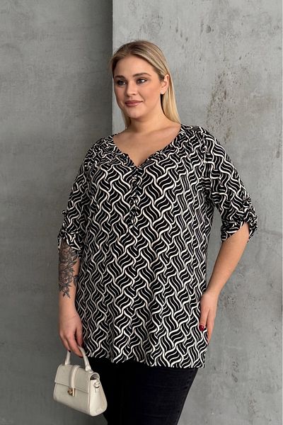 Stil Diva Plus Size V-Neck Button Front Lycra Blouse with Fold Detail on the Sleeves 1016