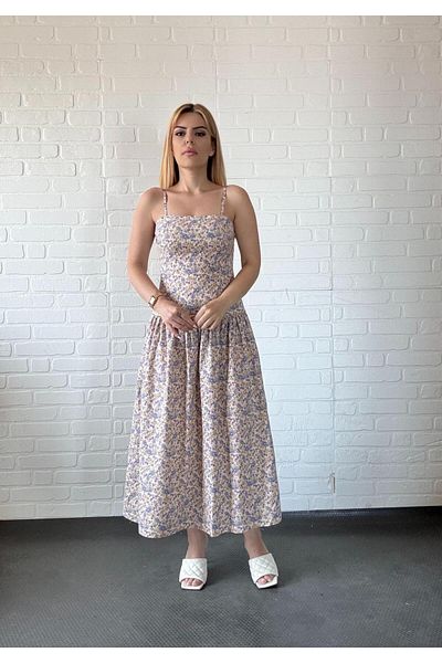 By Sümeyra Gültekin Floral Print Long Dress with Thin Adjustable Straps