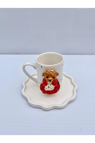 AYLEFE HOBBY Handmade Ceramic Turkish Coffee Cup with Teddy Bear and 24K Gold Detail 90ml