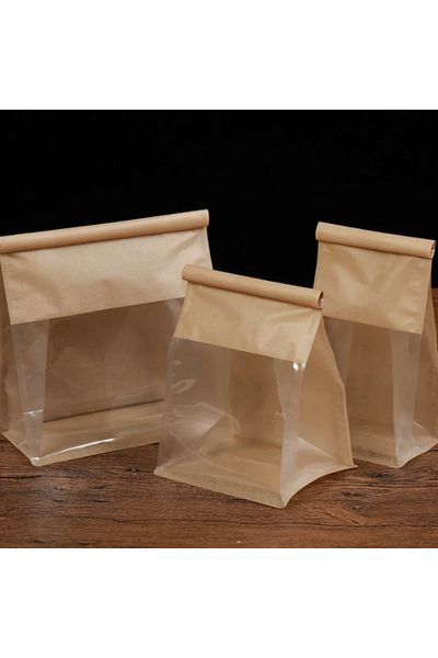 Choice L Yellow 10pcs Kraft Paper with Window Bread Packaging Bags Oil-proof Breakfast Cookie Breat Supplie