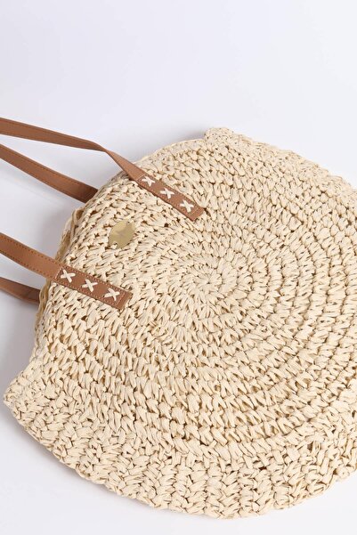 Haşema Beige Round Knitted Straw Bag with Signature Detail 1007
