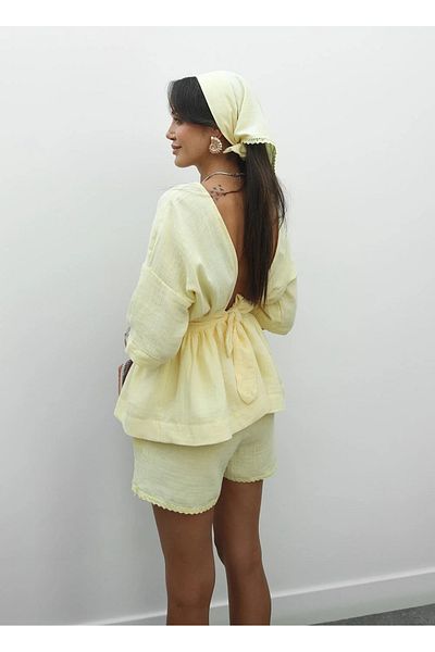 My Blog Yellow 100% Cotton Back Bow Blouse Shorts Set - 30385