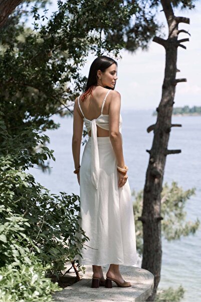 BOHEMAİ Kita Triangle Detail Striped Ecru Linen Crop