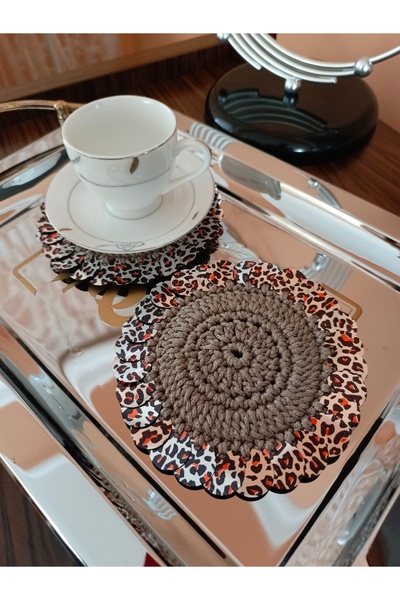 Münücük toys Makrome Pullu Kahve-içecek Sunumluk Bardak Altlığı... (Leopar pullu-zemini füme 2'li)