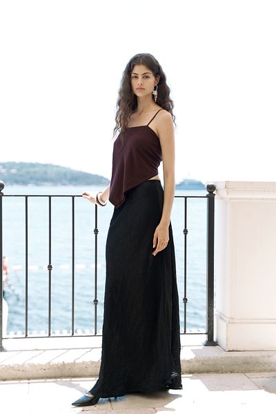 BOHEMAİ Eubah Wrinkled Long Black Satin Skirt
