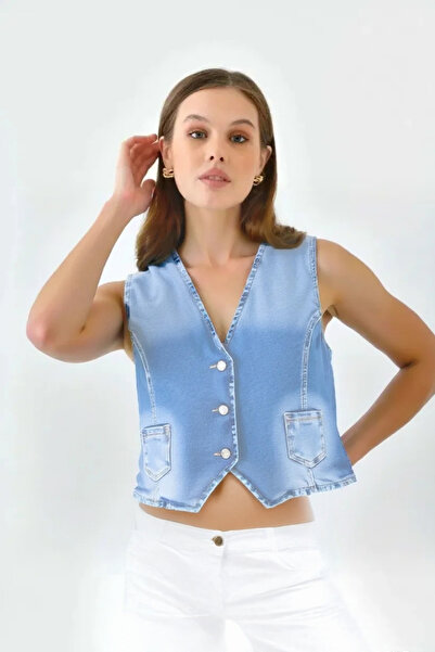 Xcedy CEDY DENIM - Жіночий літній жилет з V-подібним вирізом, модний дизайн, денім - C623 - Світло-синій