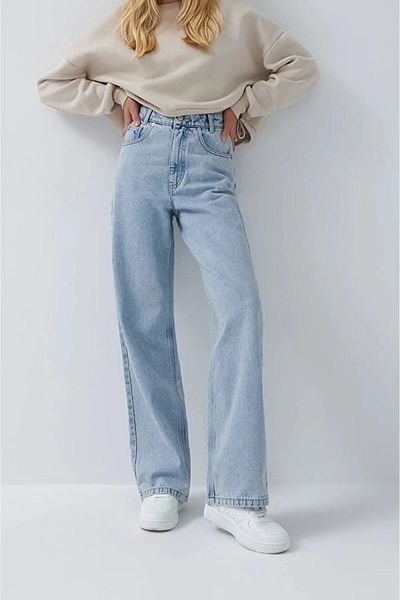 By Caspita Fashion Lenithra Femei Talie înaltă Albastru deschis Spălare cu zăpadă Palazzo Pantaloni largi Denim Jean fără licra