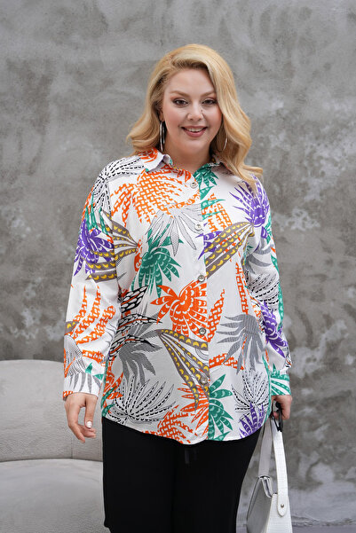 Polologin Butik Tropical Patterned White Viscose Tunic