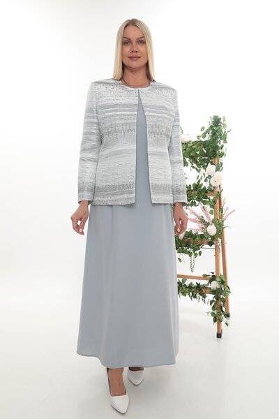 MİSS DİAMOND فستان سترة مبطن ومطرز بالحجر اللامع باللون الرمادي