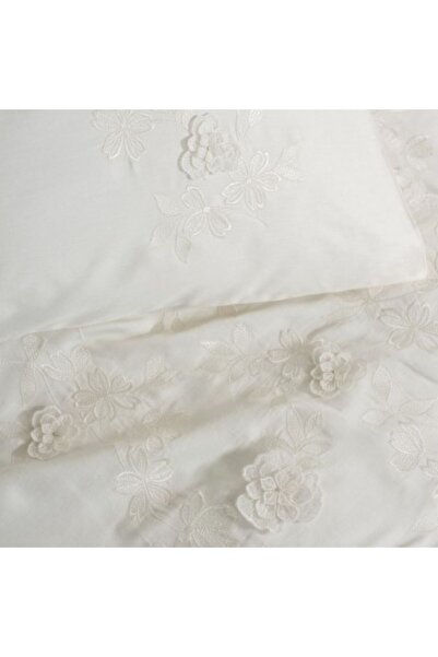 Cotton Box Premium 3D Satin Luxury Embroidered Bedding Set, Chic Ecru