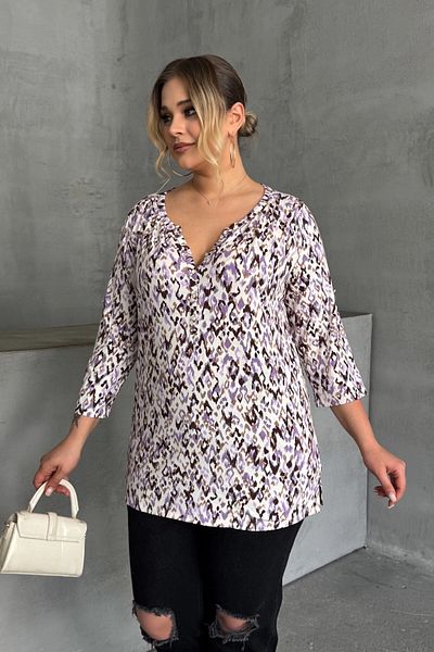 Stil Diva Plus Size V-Neck Button Front Lycra Blouse with Fold Detail on the Sleeves 1017